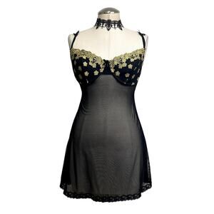 Victorias Secret Black and Gold Embroidered Floral Bow Whimsigoth Slip Dress 36C